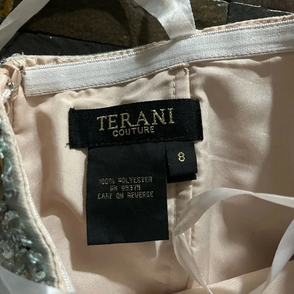 Terani Couture Strapless Beaded Dress in Cream and Green - Picture 6 of 9